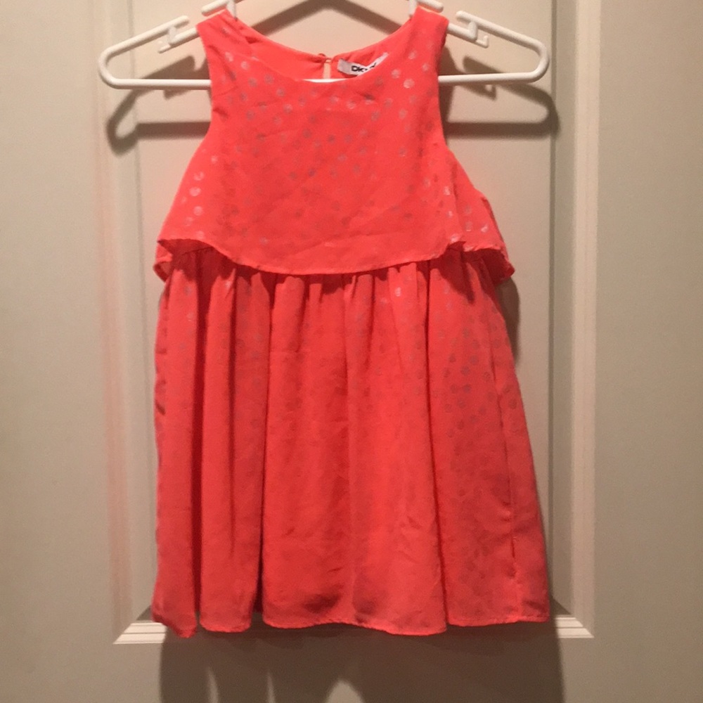 Dkny girl flowy sleeveless lined Dress gold polkadot detail size 5 orangish pink